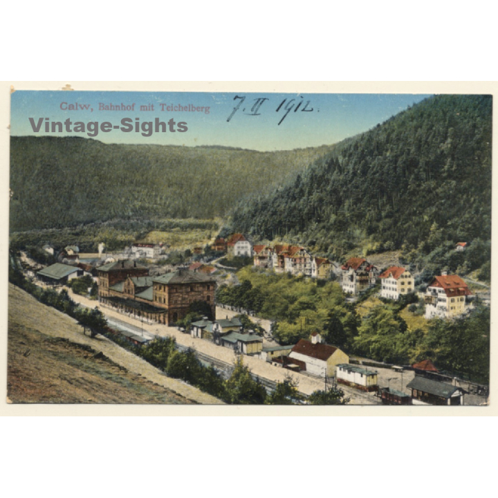 Calw / Germany: Bahnhof mit Teichelberg (Vintage PC 1912)