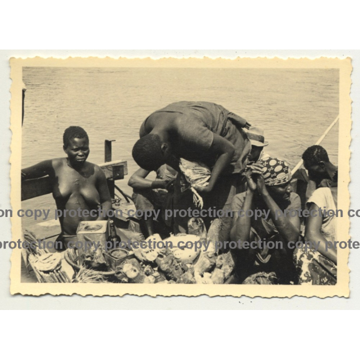 African Plucks Chicken Feathers On Boat Kitchen (Vintage Photo B/W ~1930s/1940s)