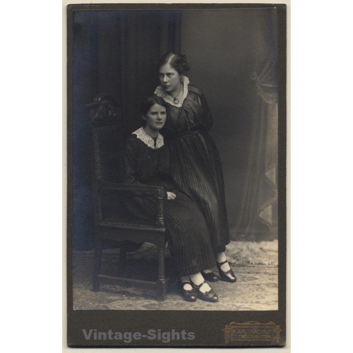 Karl Bächle / Tiengen: 2 Teenage Sisters in Elegant Robes (Vintage Cabinet Card ~1910s)
