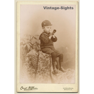 Ernst Wolffram / Bremen: Little Boy Blowing Cow Horn (Vintage Cabinet Card ~1900s/1910s)
