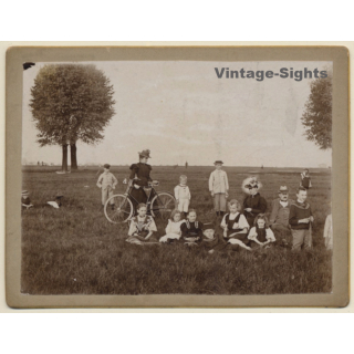 Large Victorian Family on Meadow / Bicycle (Vintage CDV ~1890s/1900s)