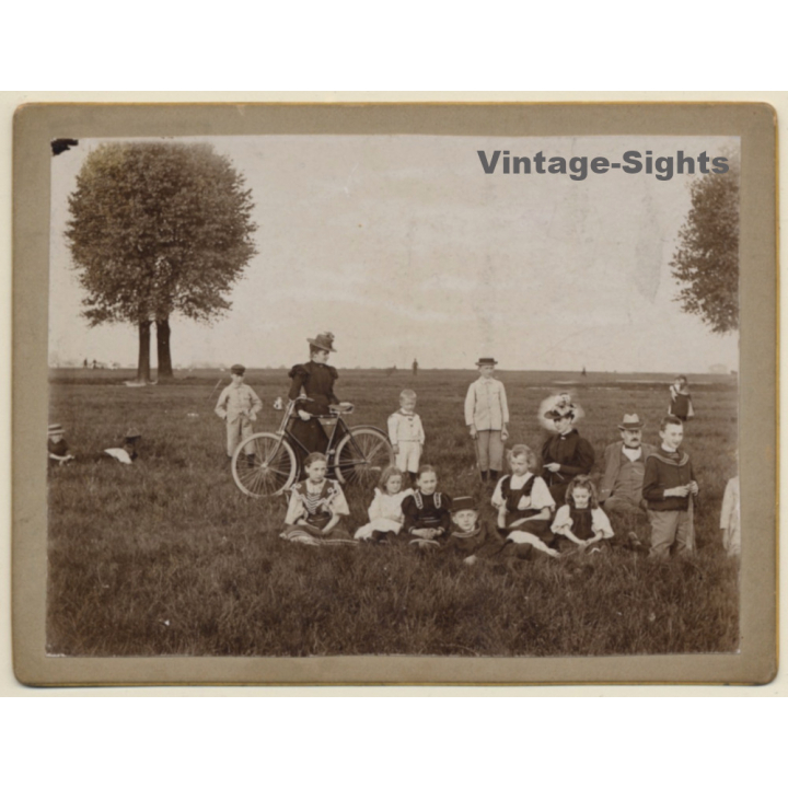 Large Victorian Family on Meadow / Bicycle (Vintage CDV ~1890s/1900s)