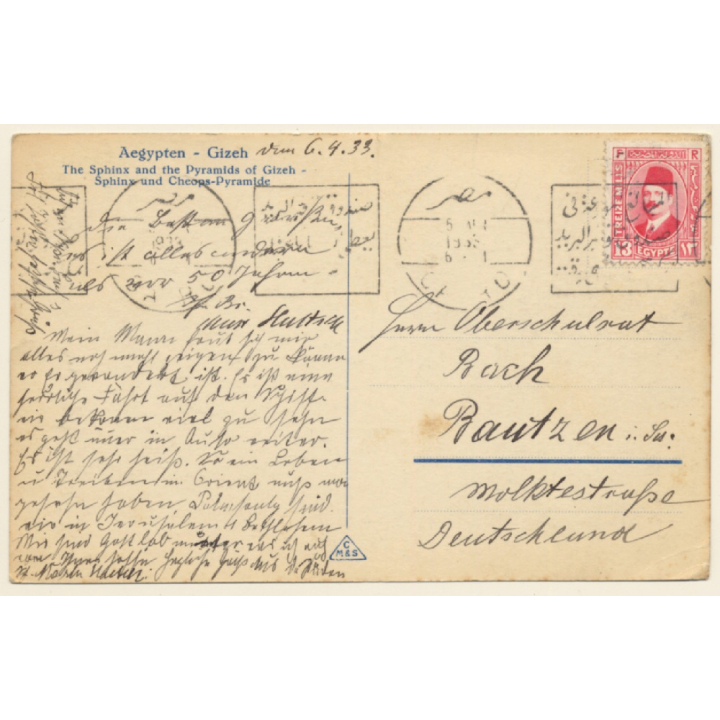 Egypt: Sphinx & Pyramids of Gizeh - Cheops / Camel (Vintage RPPC 1933)