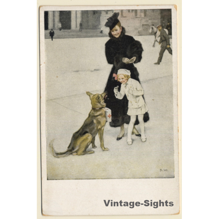 Brynolf Wennerberg: Lady & Girl Donate to Red Cross Shepherd Dog (Vintage PC ~1920s)