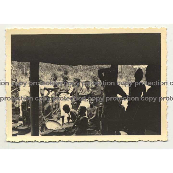 Looking Out Of Hut Onto Tribal Africans - Sarong / Congo? (Vintage Photo B/W ~1930s/1940s)