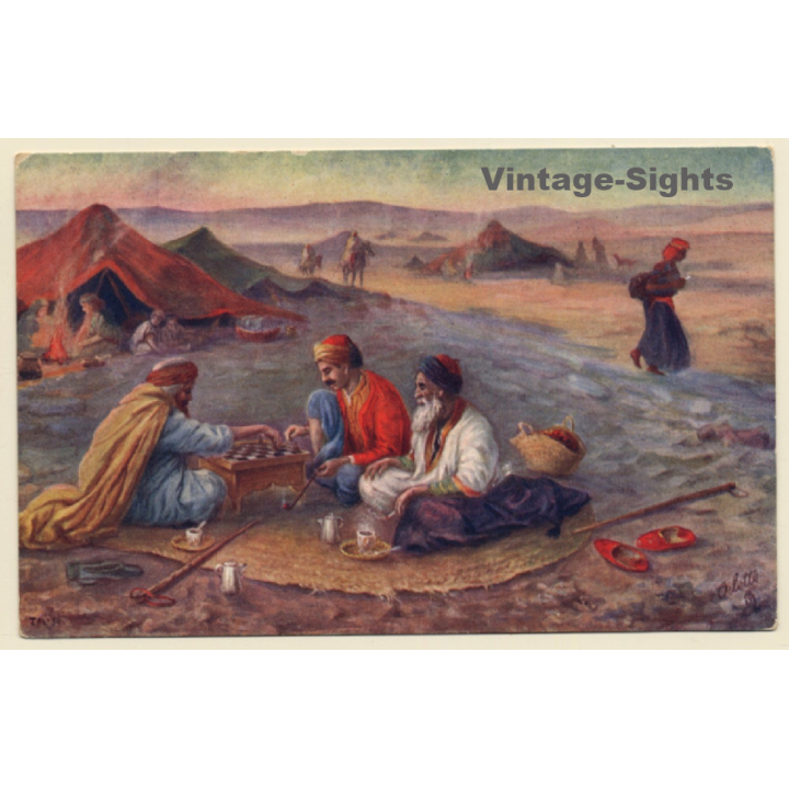 Algeria: Halt in the Desert - Nomads Playing Chess (Vintage PC 1910s/1920s )
