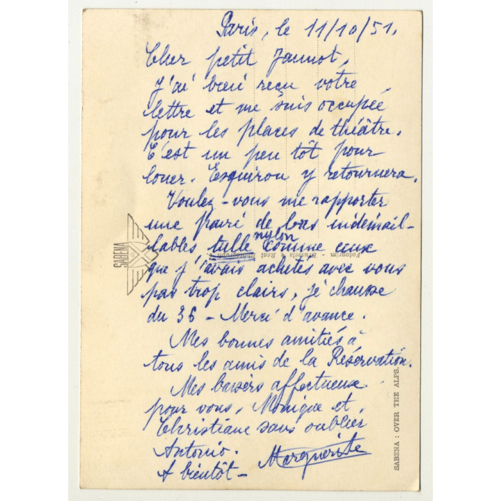 Sabena Over The Alps / Airline - Wing (Vintage Photo PC 1951)