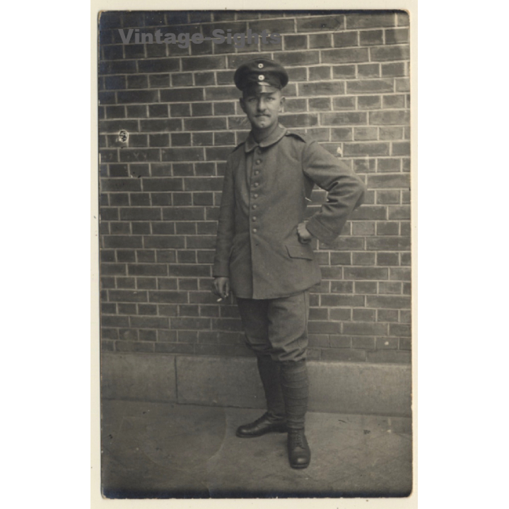 WW1: Young German Soldier In Uniform Smoking Cigarette (Vintage RPPC 1915)