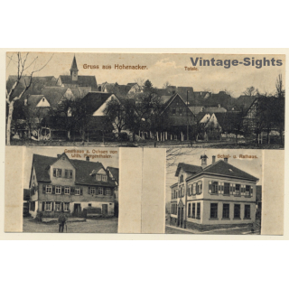 Hohenacker / Baden-Württemberg: Gasthaus z. Ochsen - Schul u. Rathaus - Totale (Vintage PC ~1910s)