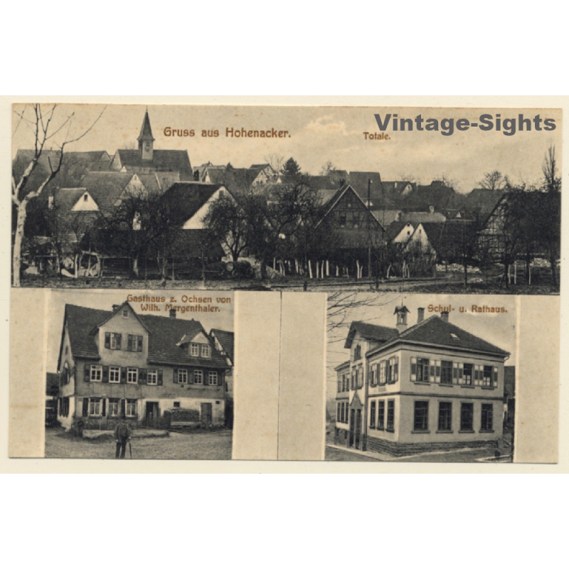 Hohenacker / Baden-Württemberg: Gasthaus z. Ochsen - Schul u. Rathaus - Totale (Vintage PC ~1910s)