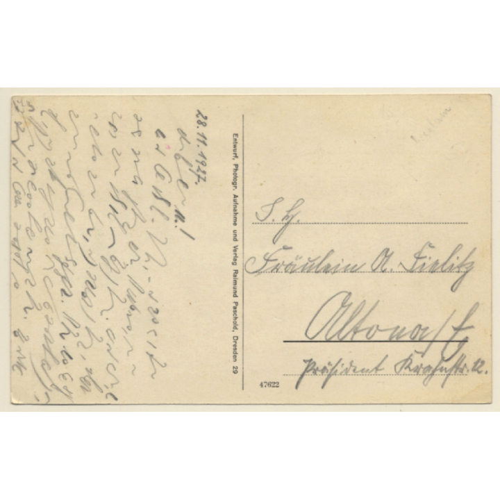 R. Paschold: Zwerg steht auf Pilz und hält Fee / Goblin (Vintage Artist PC ~1920s)