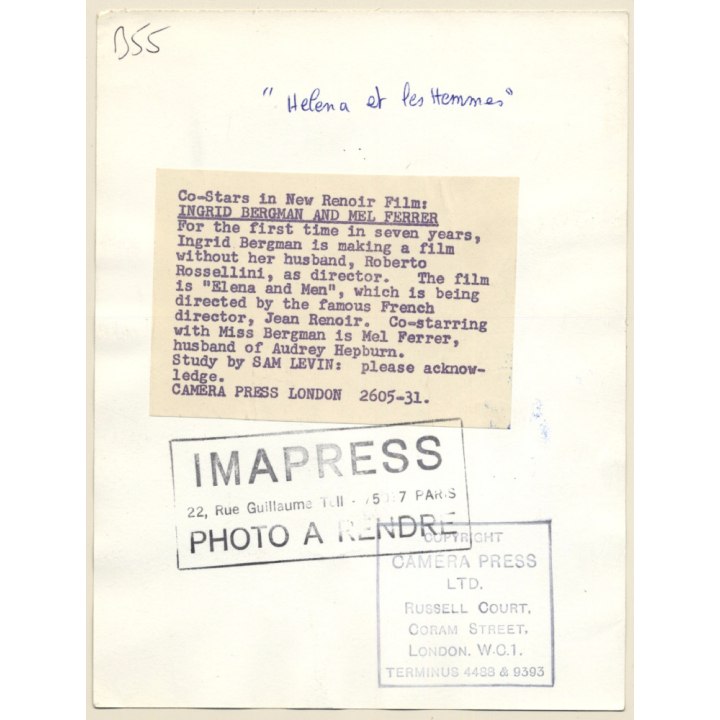 Ingrid Bergman & Mel Ferrer in 'Elena and Men' (Vintage Press Photo 1956)