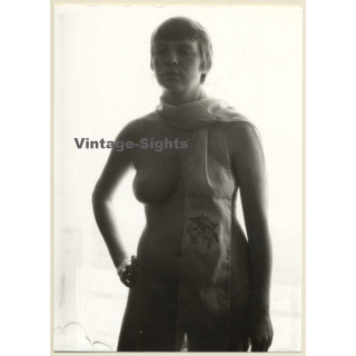 Erotic Study: Natural Shorthaired Nude Female With Silk Scarf (Vintage Photo GDR ~1980s)
