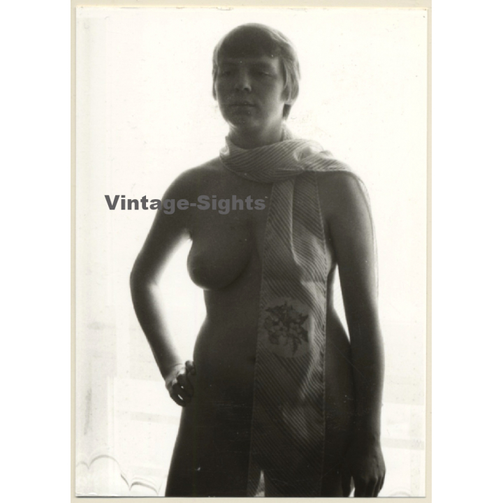 Erotic Study: Natural Shorthaired Nude Female With Silk Scarf (Vintage Photo GDR ~1980s)