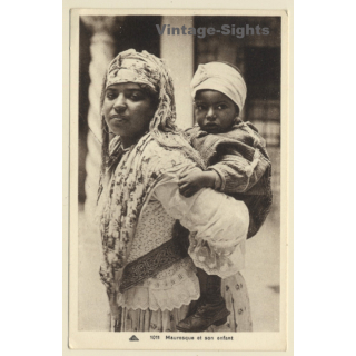 Algeria: Moorish Woman With Baby On Her Back / Ethnic (Vintage PC CAP ~1910s/1920s)