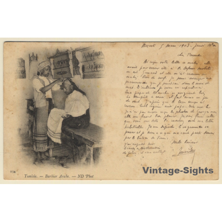 Tunisia: Barbier Arabe - Arabian Hairdresser / Ethnic (Vintage PC 1903)