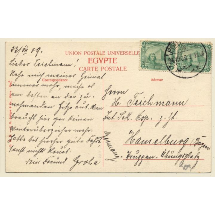 Egypt: B.L. in the Suez Canal / Steamer (Vintage PC 1909)