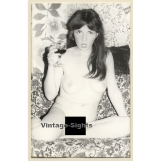 Erotic Study: Cheeky Brunette Nude On Flowered Couch / Wine Glass (Vintage Photo GDR ~1980s)
