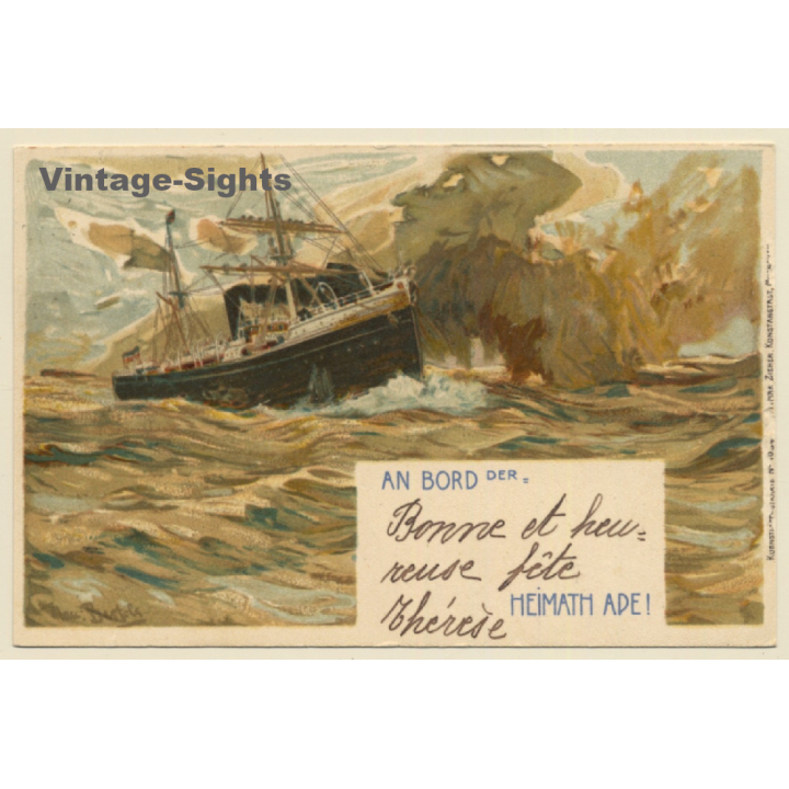 Dampfschiff auf hoher See - Heimat Ade! / Steamship (Vintage PC 1899)