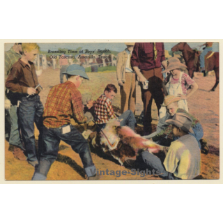 Old Tascosa, Amarillo / Texas: Branding Tme At Boys' Ranch (Vintage Linen PC ~1930s/1940s)