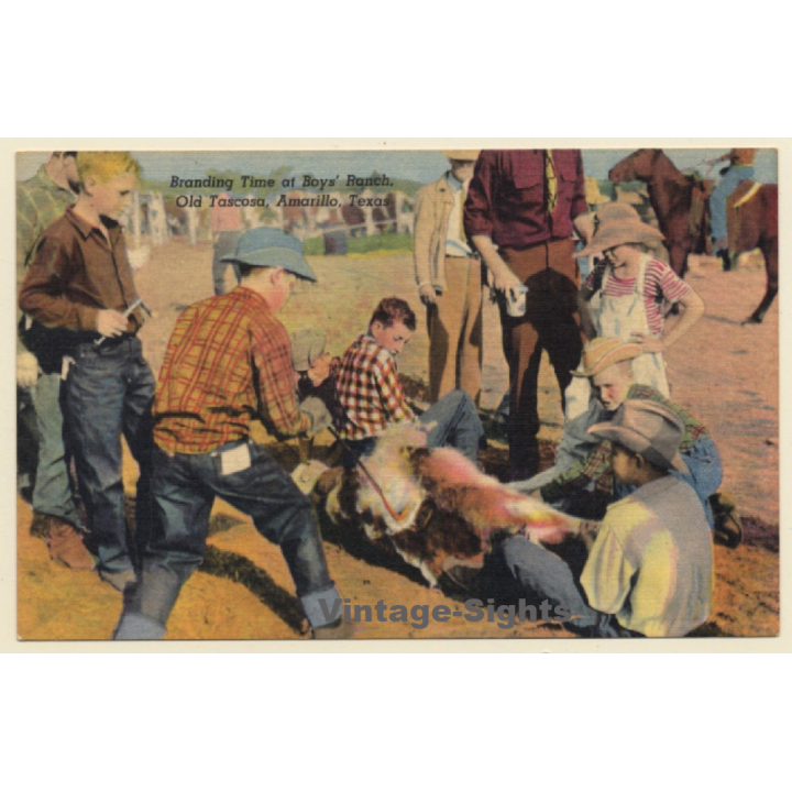 Old Tascosa, Amarillo / Texas: Branding Tme At Boys' Ranch (Vintage Linen PC ~1930s/1940s)