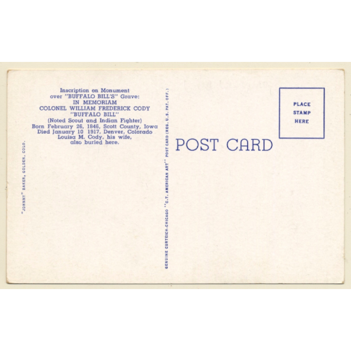 Colorado: Grave Of Buffalo Bill, Lookout Mountain (Vintage PC ~1950s)