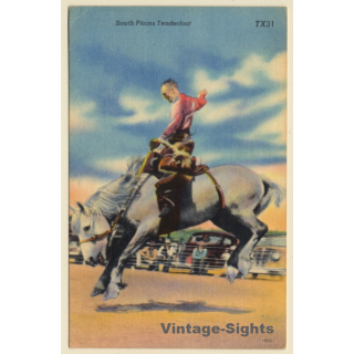 Rodeo: South Plains Tenderfoot / Cowboy (Vintage Linen PC ~1950s)