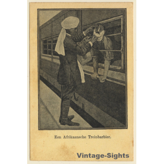 E.J. Renson / Amsterdam: Een Afrikaansche Treinbarbier / Coiffeur (Vintage PC)