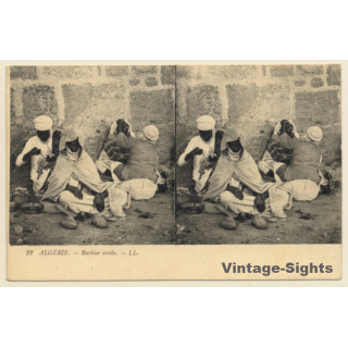 Algeria: Barbier Arabe - Arab Barber (Vintage Stereoscopic PC ~1910s/1920s)