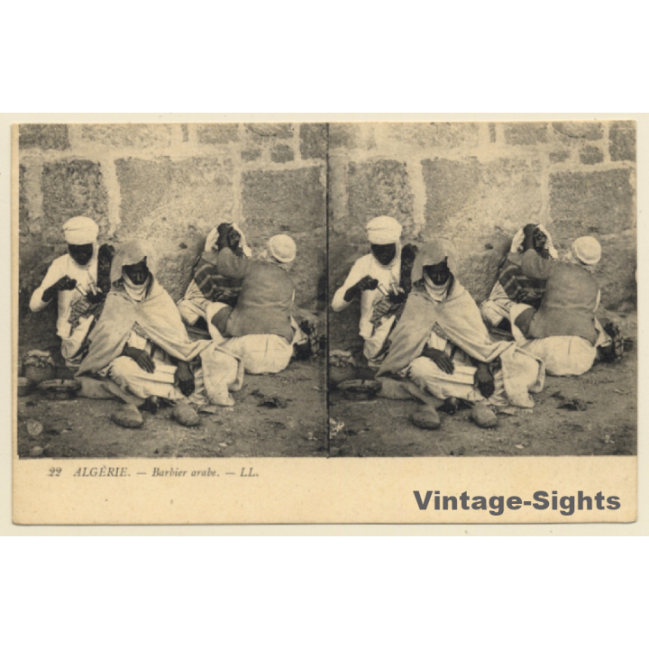 Algeria: Barbier Arabe - Arab Barber (Vintage Stereoscopic PC ~1910s/1920s)