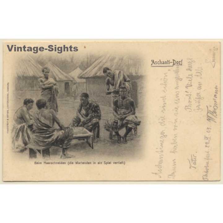 Ghana: Ashanti Village / Barber - Hairdresser (Vintage PC 1903)