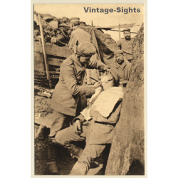 Military Camp / Germany: Hairdresser Shaving Soldier (Vintage PC ~1910s)