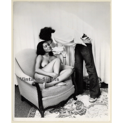 Erotic Study: Dressed Man Kissing Nude Asian Female On Couch (Vintage Photo KORENJAK 1960s/1970s)