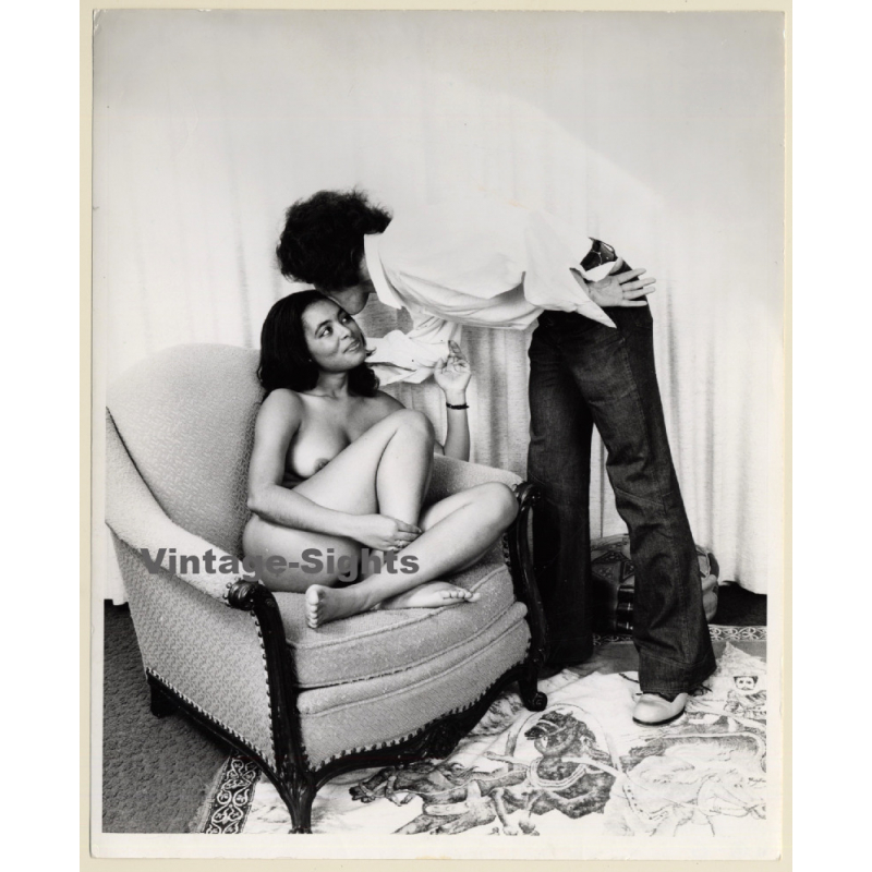 Erotic Study: Dressed Man Kissing Nude Asian Female On Couch (Vintage Photo KORENJAK 1960s/1970s)