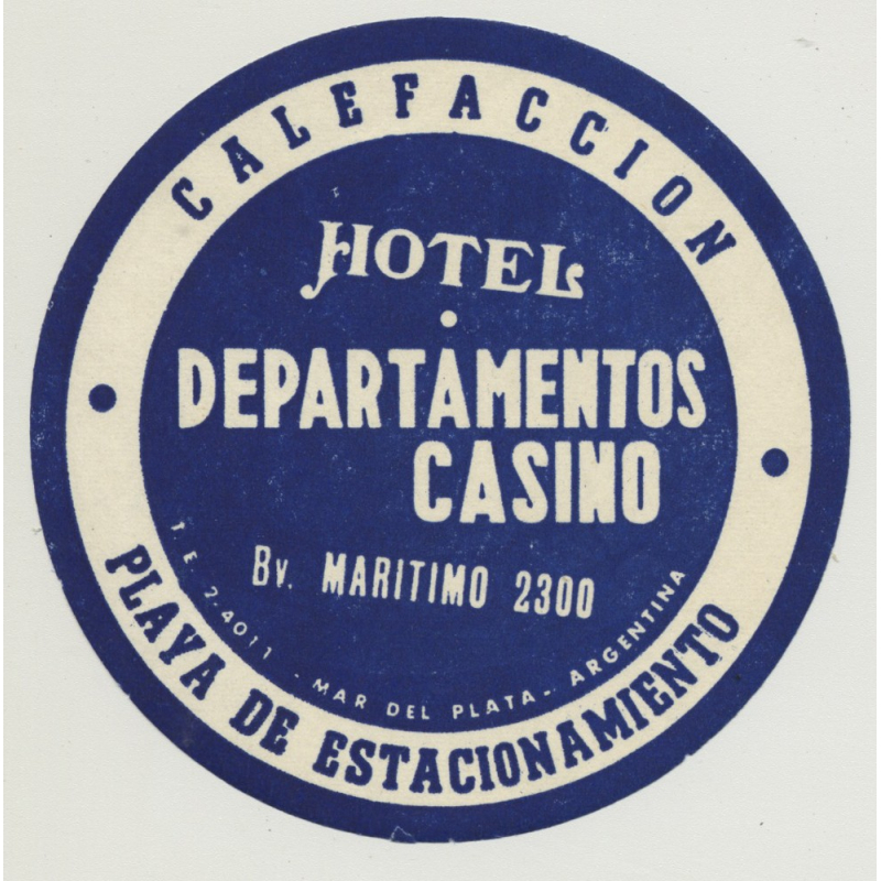 Hotel Departamentos Casino - Mar De Plata / Argentina (Vintage Luggage Label: Small)