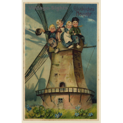 Glückliches Neujahr: Dutch Kids On Windmill (Vintage PC ~1910s)