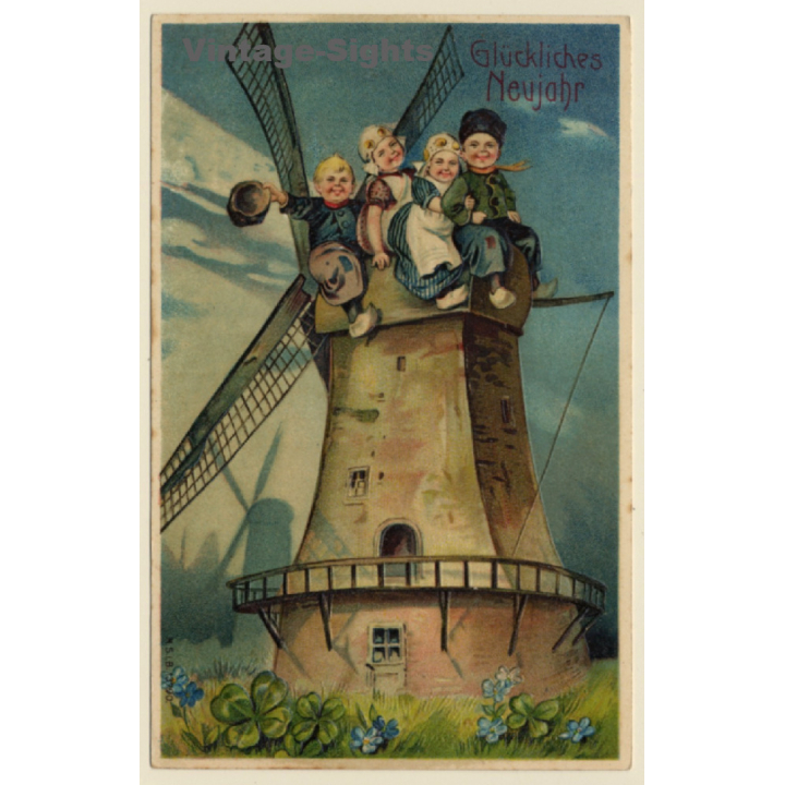 Glückliches Neujahr: Dutch Kids On Windmill (Vintage PC ~1910s)