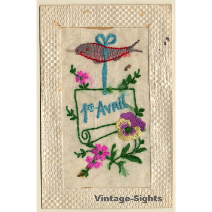 1er Avril: Flowers & Fish (Vintage Embroidered PC 1918)