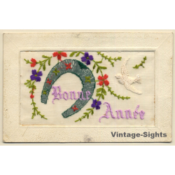 Bonne Année: Flowers, Bird & Horseshoe (Vintage Embroidered PC ~1910s)