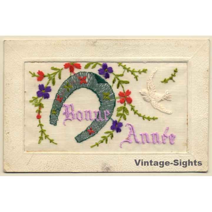 Bonne Année: Flowers, Bird & Horseshoe (Vintage Embroidered PC ~1910s)