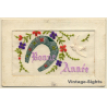 Bonne Année: Flowers, Bird & Horseshoe (Vintage Embroidered PC ~1910s)