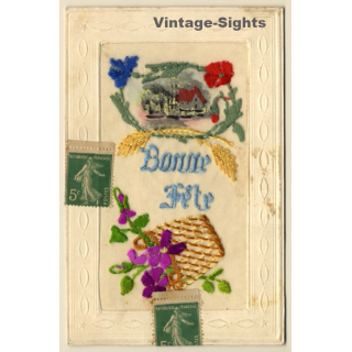 Bonne Fête: Flowers, Basket & House (Vintage Embroidered PC ~1910s)