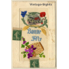 Bonne Fête: Flowers, Basket & House (Vintage Embroidered PC ~1910s)