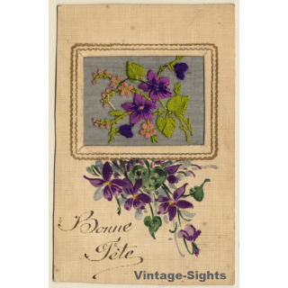 Bonne Fête: Bunch Of Flowers *2 / Xmas (Vintage Embroidered PC ~1910s)