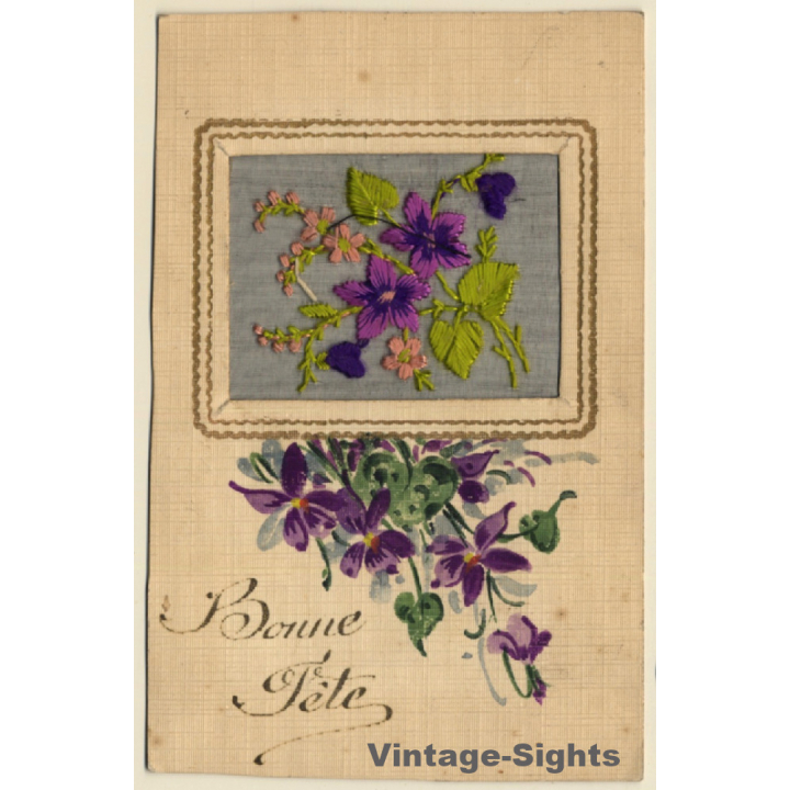 Bonne Fête: Bunch Of Flowers *2 / Xmas (Vintage Embroidered PC ~1910s)