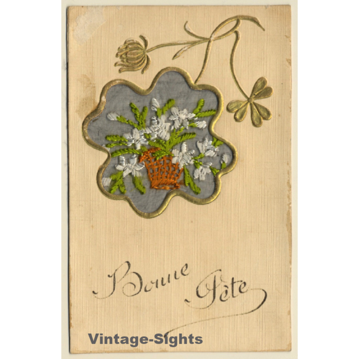 Bonne Fête: Bunch Of Flowers *3 / Christmas (Vintage Embroidered PC ~1910s)