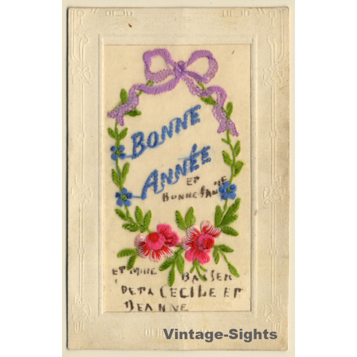 Bonne Année: Flower Wreath & Bow (Vintage Embroidered PC ~1910s)