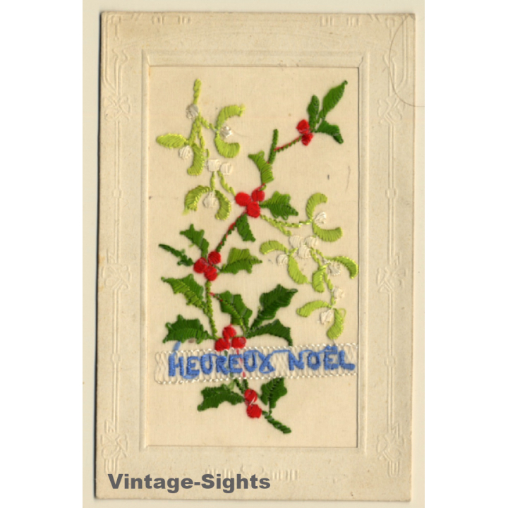 Heureux Noël: Flower Wreath / Christmas (Vintage Embroidered PC ~1910s)