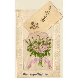 Bonne Année: Flower Wreath / New Year (Vintage Embroidered Gimmick PC ~1910s)