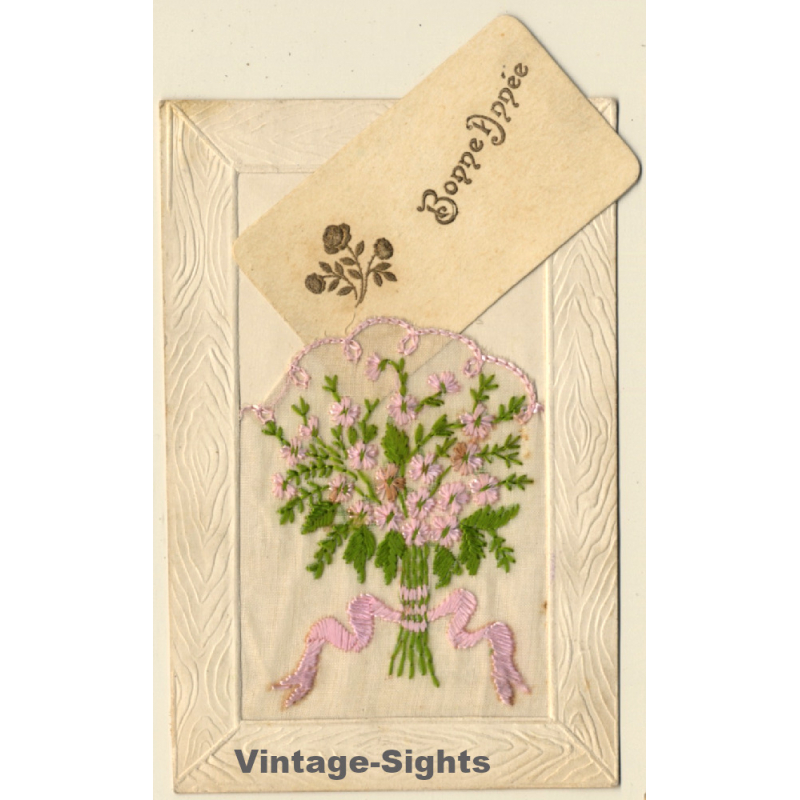 Bonne Année: Flower Wreath / New Year (Vintage Embroidered Gimmick PC ~1910s)